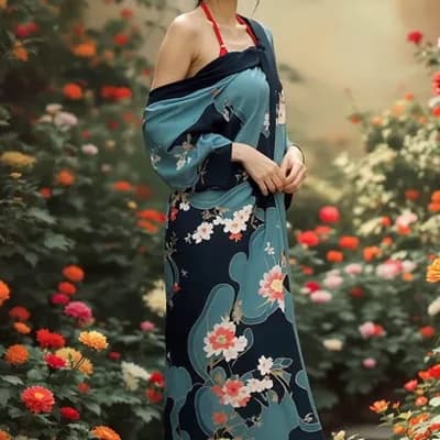 AI generated video: the woman takes off her kimono and remains in her red bikini.