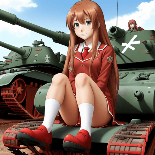 AI generated: taiga aisaka, anime, red school uniform, long hair, sit on tank, T-34, not realism, cartoon, art, so...