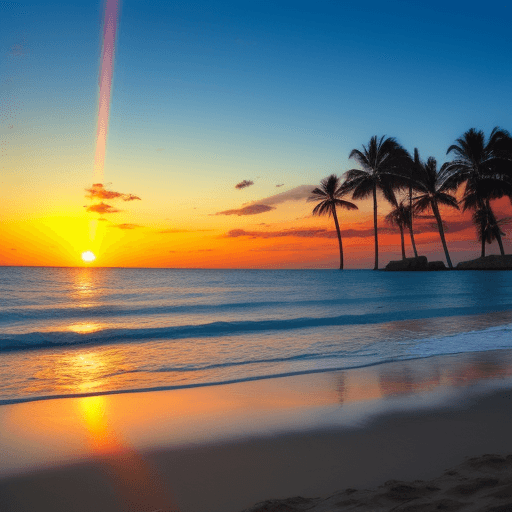 AI generated: paisaje de playa al atardecer con colores cálidos y un suave reflejo en el agua