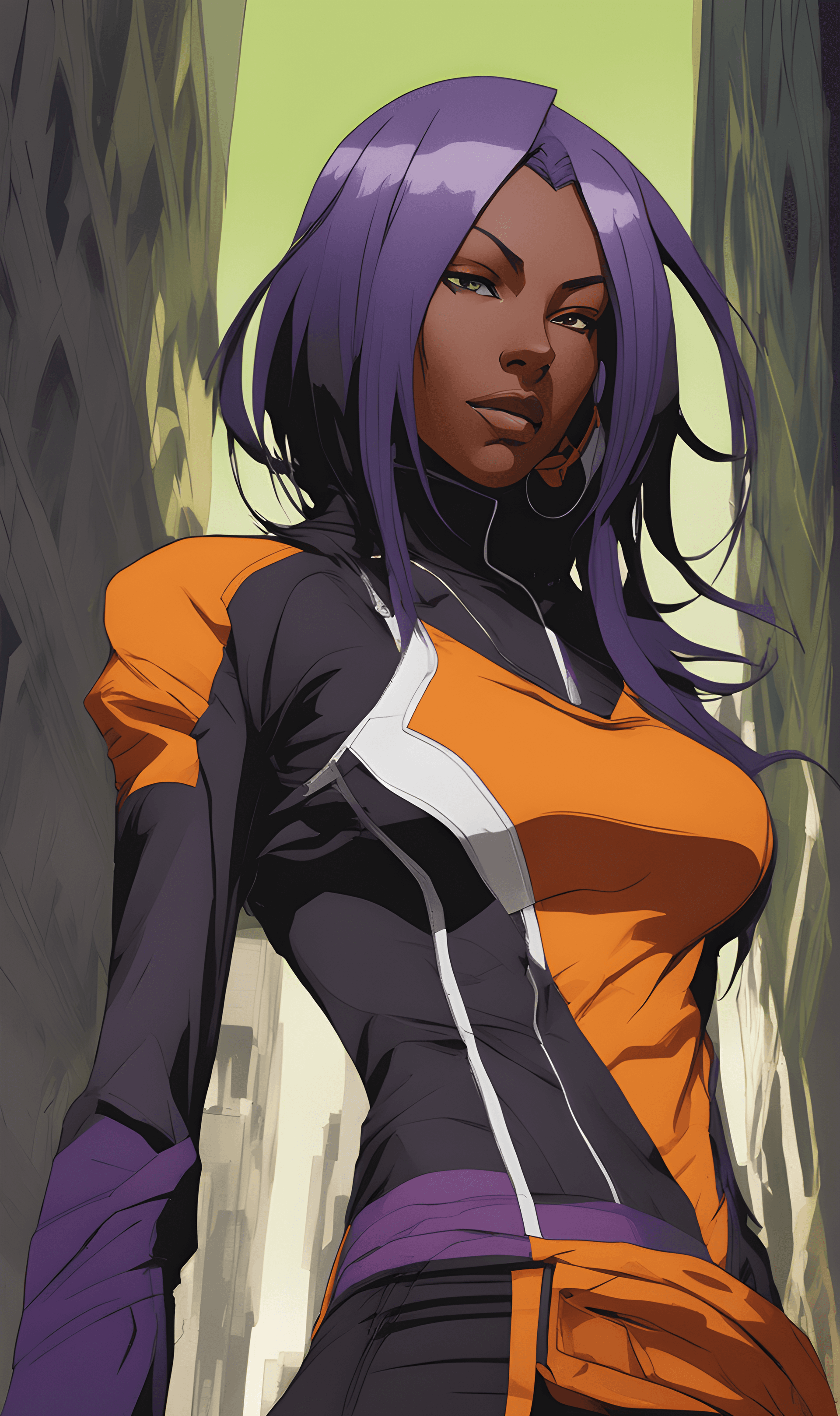 AI generated: Bleach anime character Yoruichi Shihouin  standing at an angle
centered image 
 light yellowish gr...