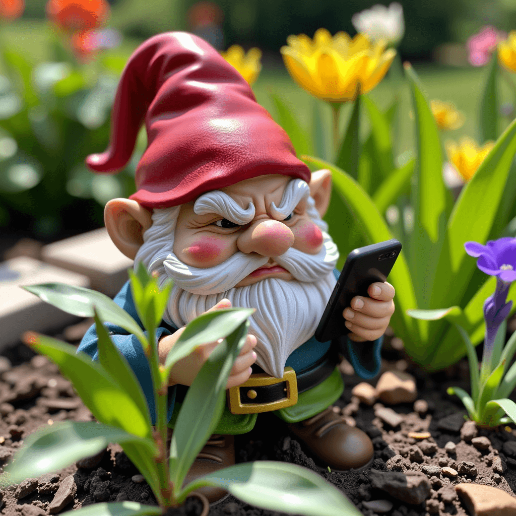AI generated: A grumpy garden gnome secretly using a smartphone to order pizza.âââ