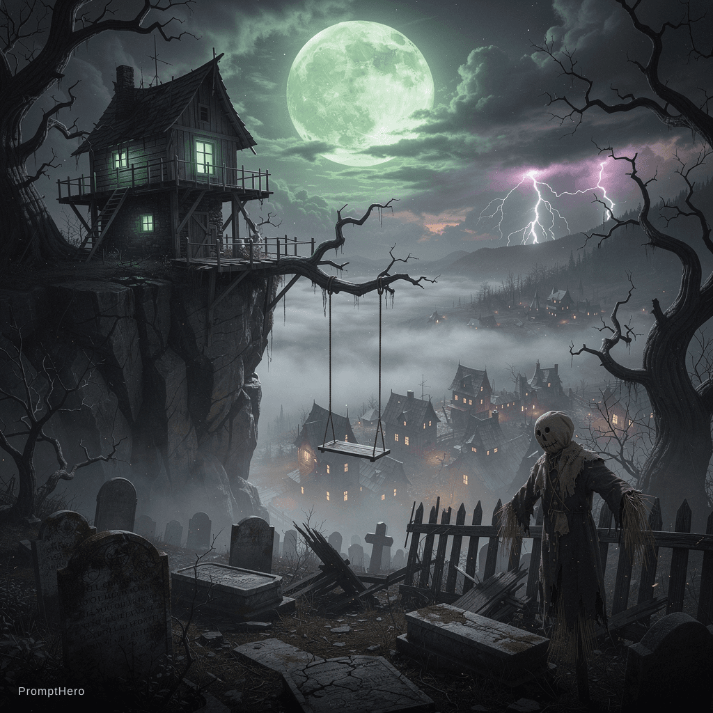 AI generated: A dark gothic fantasy landscape at night, a haunted wooden treehouse perched dramatically on the edg...