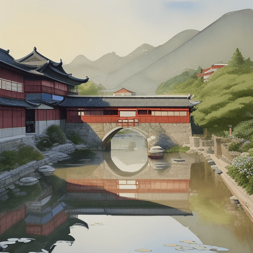 AI generated: A serene watercolour painting by the renowned artist Wu Guanzhong, depicting a traditional Hui archi...