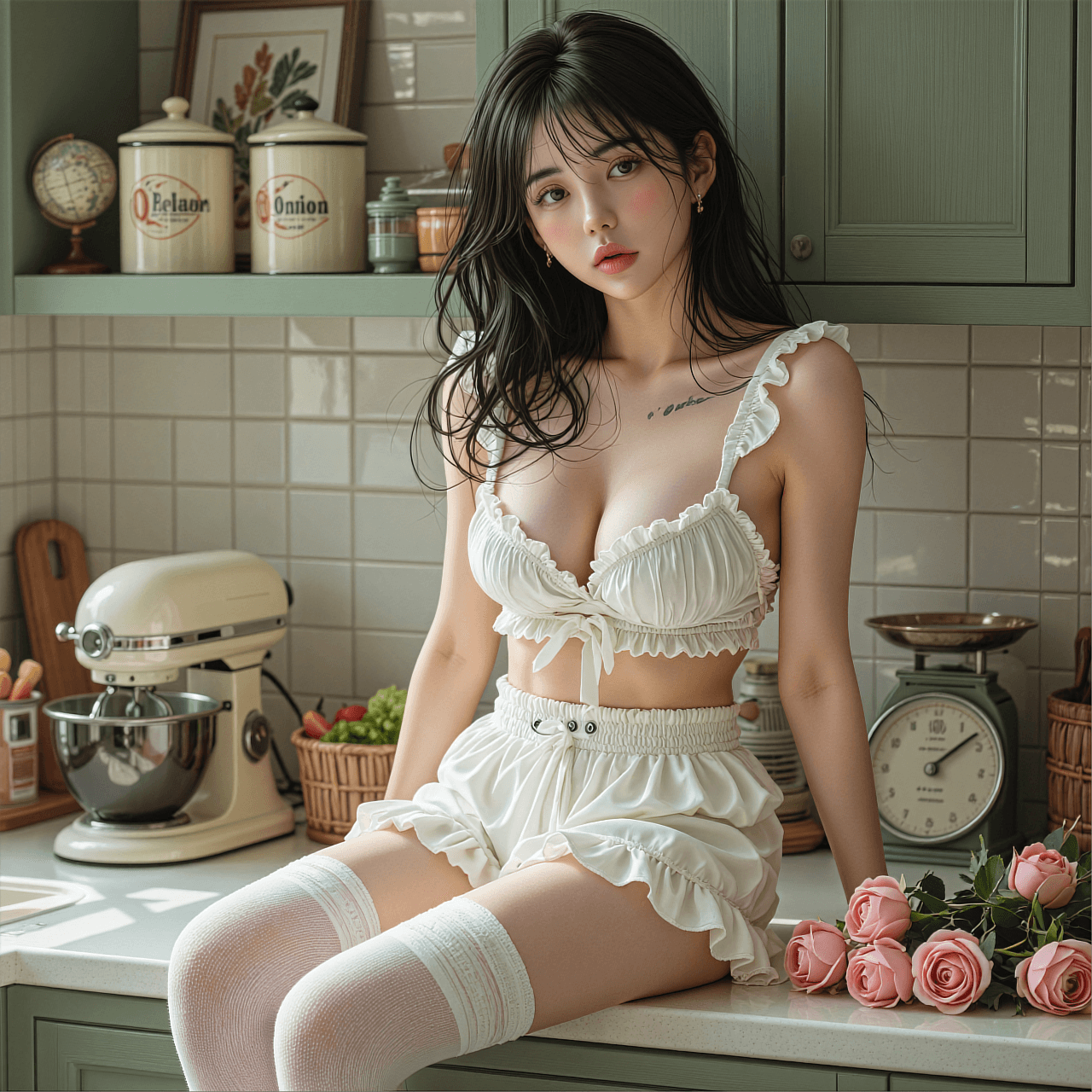 AI generated: A highly detailed, photorealistic, cinematic medium shot of a young East Asian woman sitting on a ki...