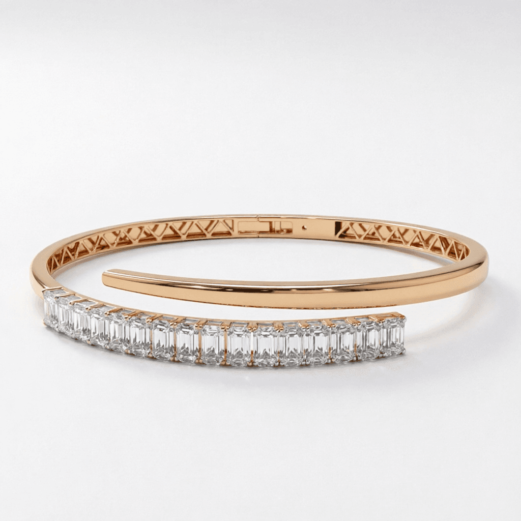 AI generated: Luxury 3D jewelry render of a modern open bangle bracelet inspired by minimalist high-end fine jewel...
