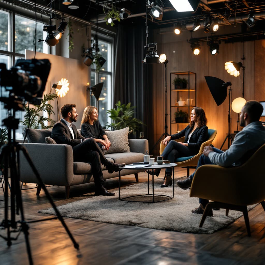 AI generated: the presenter and the guest are sitting on the sofa facing the audience, a spacious TV studio with c...