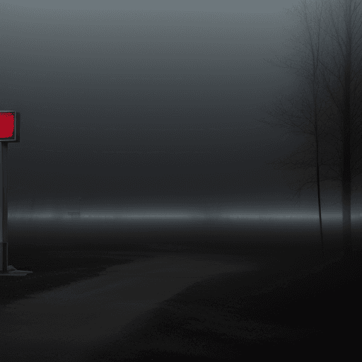 AI generated: Wide open area, woods, dark sky, illuminated gas station, fog, devoid of life, sepulchral, still, li...