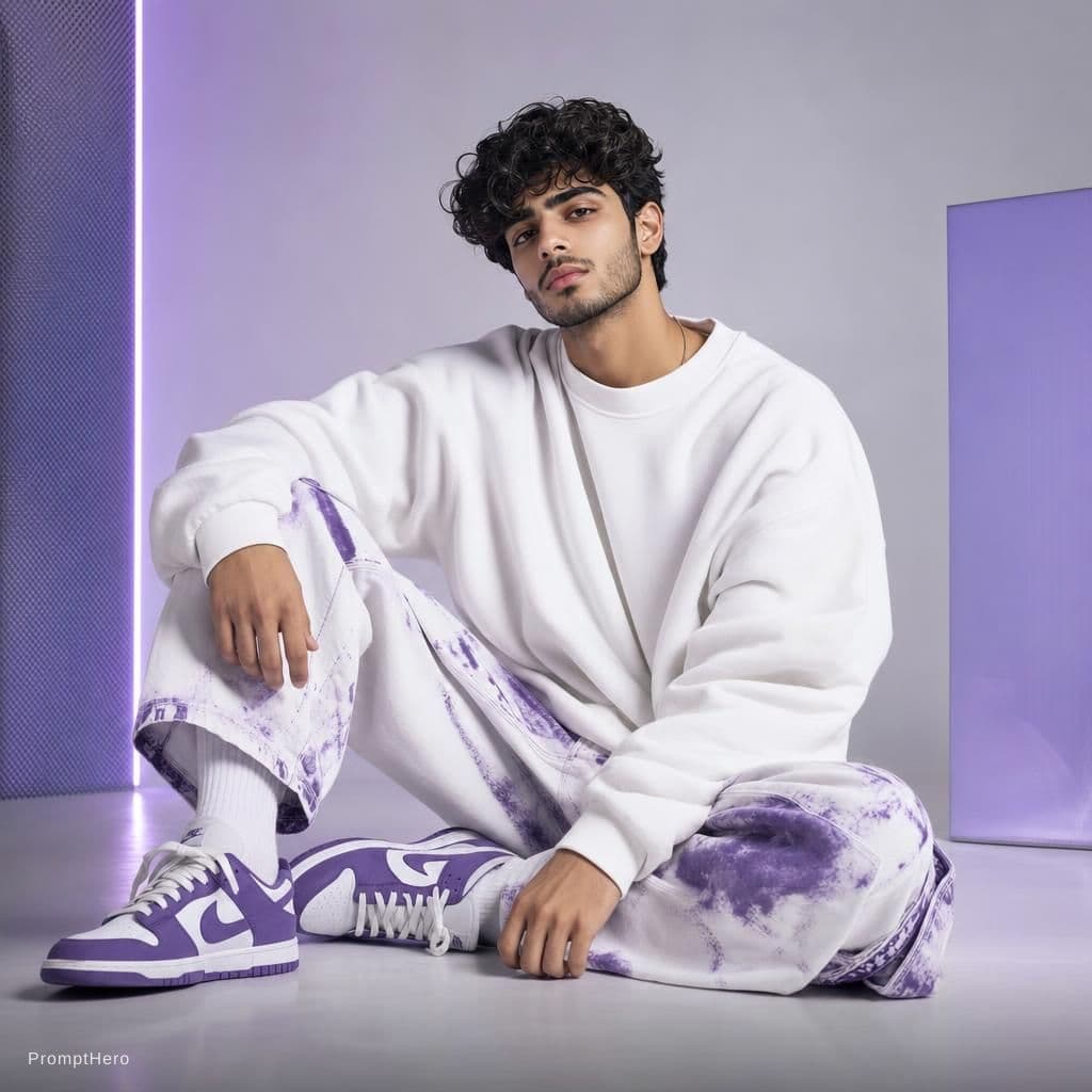 AI generated: Oversized white sweatshirt, white purple oversized combat jean, styled with footwear: white purple n...
