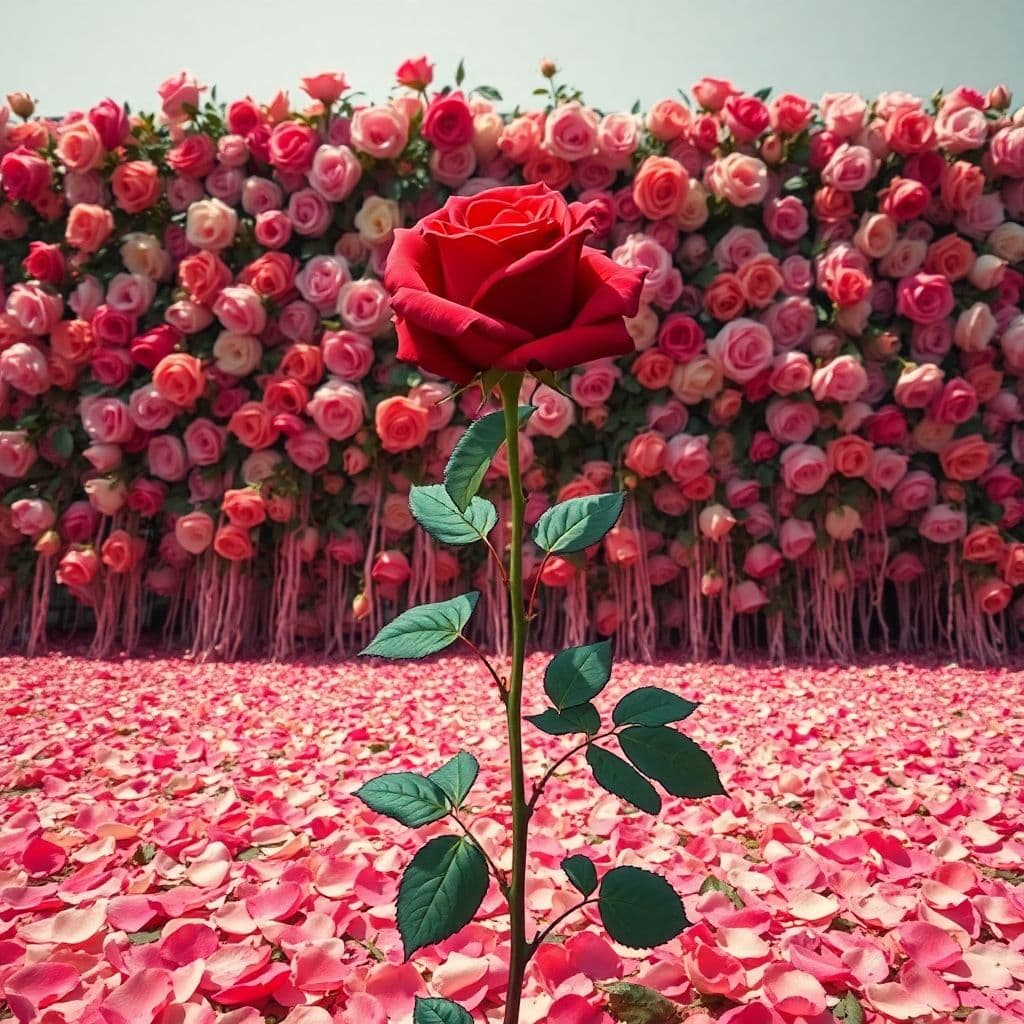 AI generated: A red rose shines in front of an immense rose bush that creates a surreal wall of more various color...