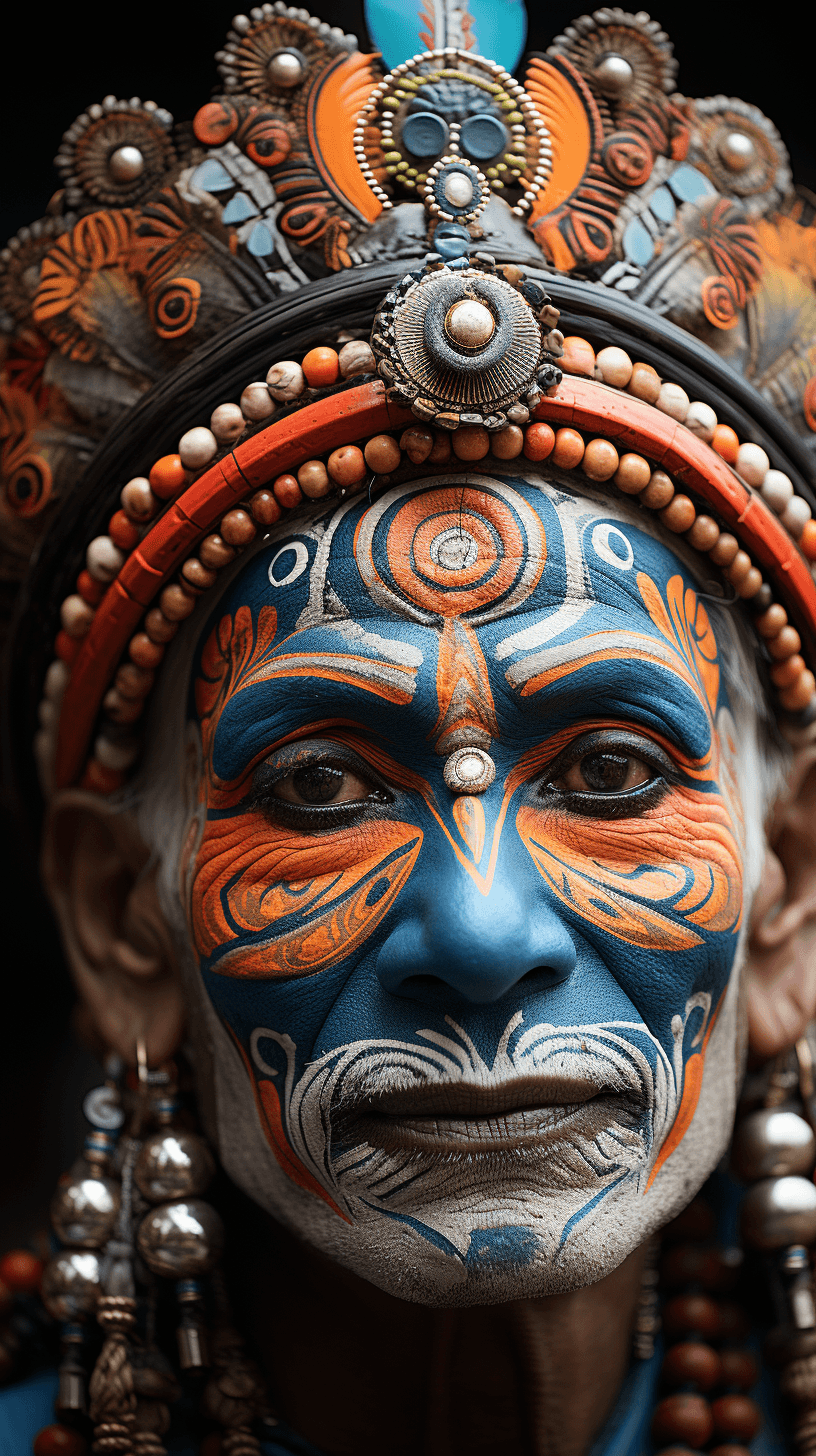 AI generated: a kathakali dancer from india with beautiful and vibrant colors makeup and expressive eyes
