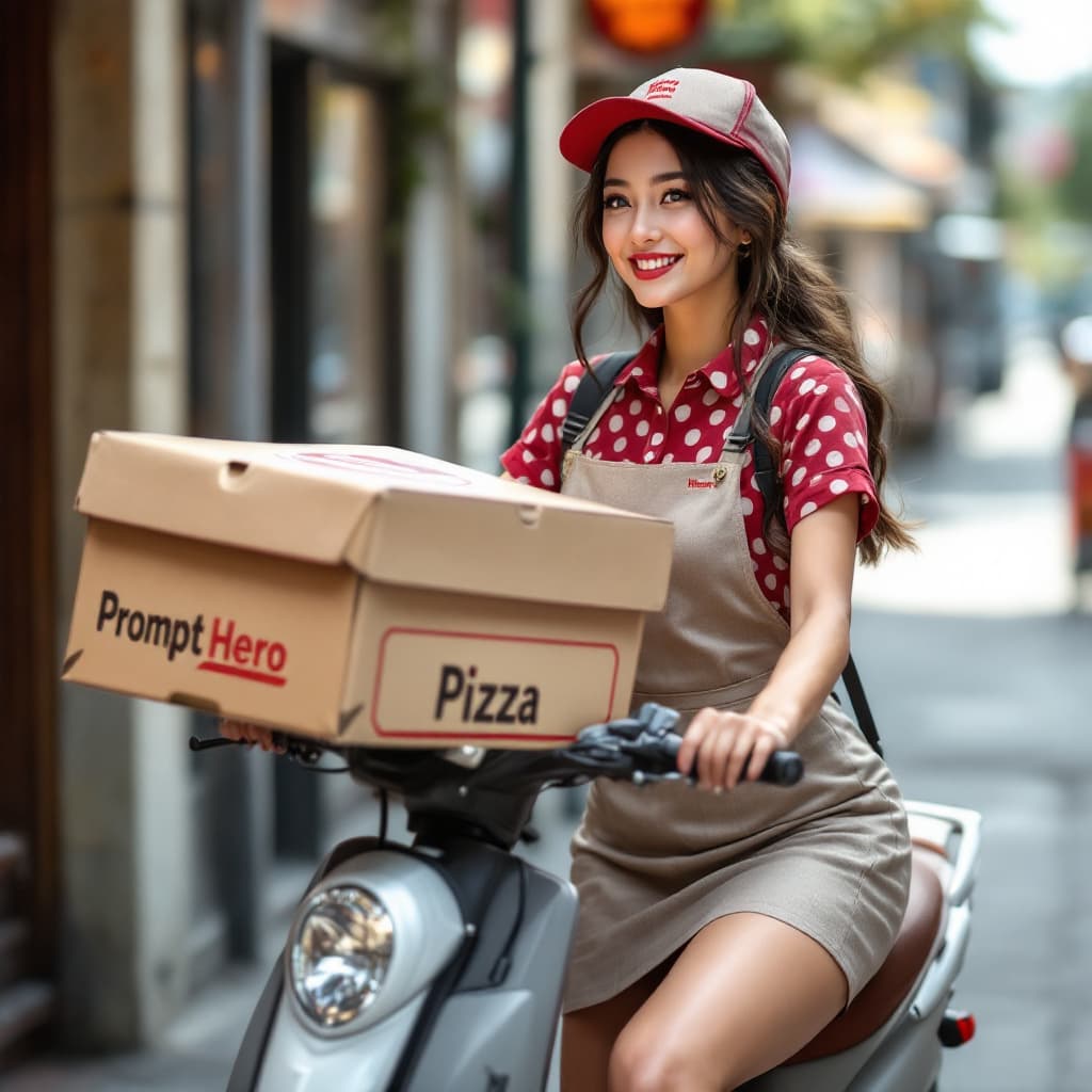 AI generated: a pertty female, pizza shop uniform,mini skirt,E-Scooter, deliver pizza,the pizza box logo"PromptHer...
