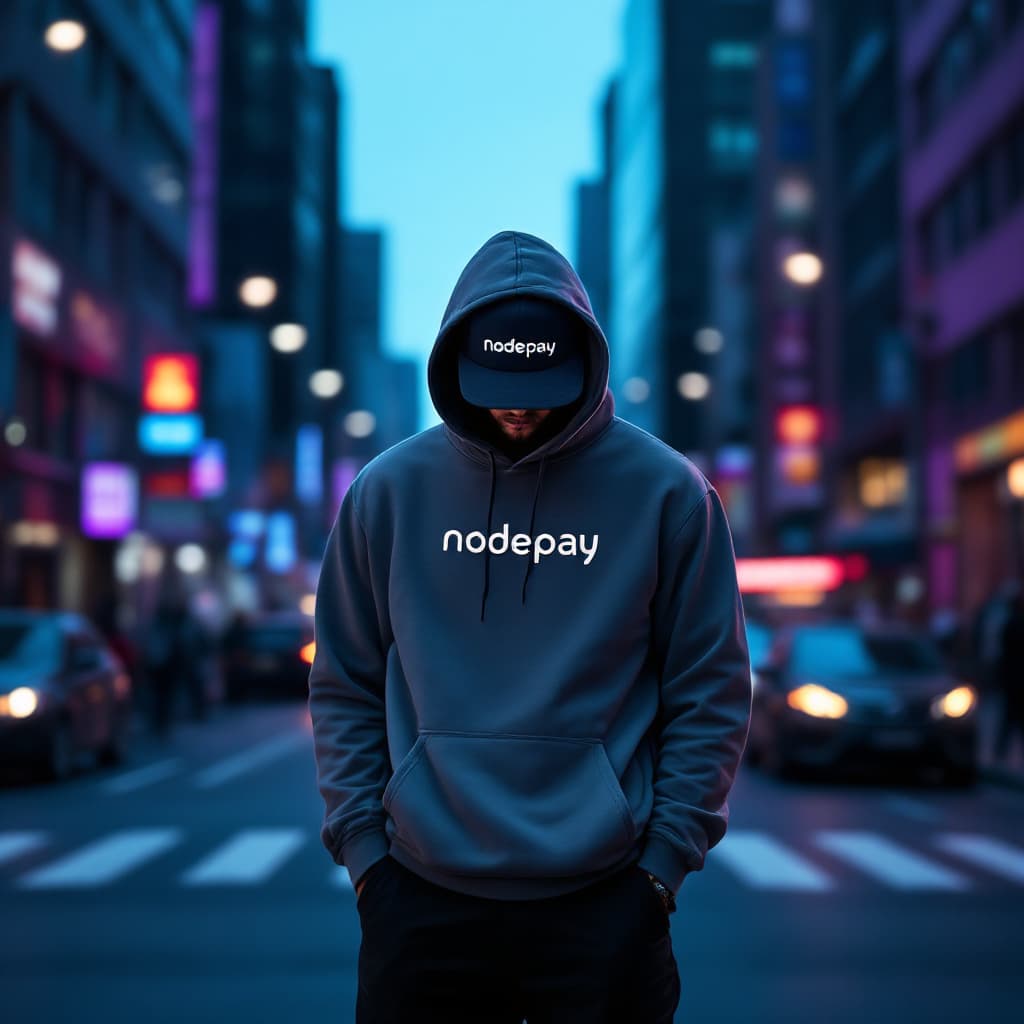 AI generated: wide and low angle, cinematic, fashion photography for the brand Nodepay. Man standing on a busy str...
