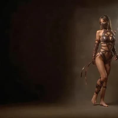 AI generated video: the woman turns around and takes a step barefoot and sits on the floor