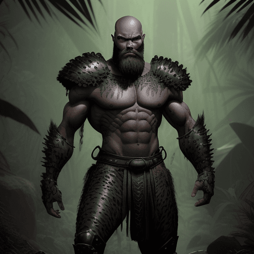 AI generated: A full-body jungle warrior, slender but muscular, with pronounced facial features and a determined a...