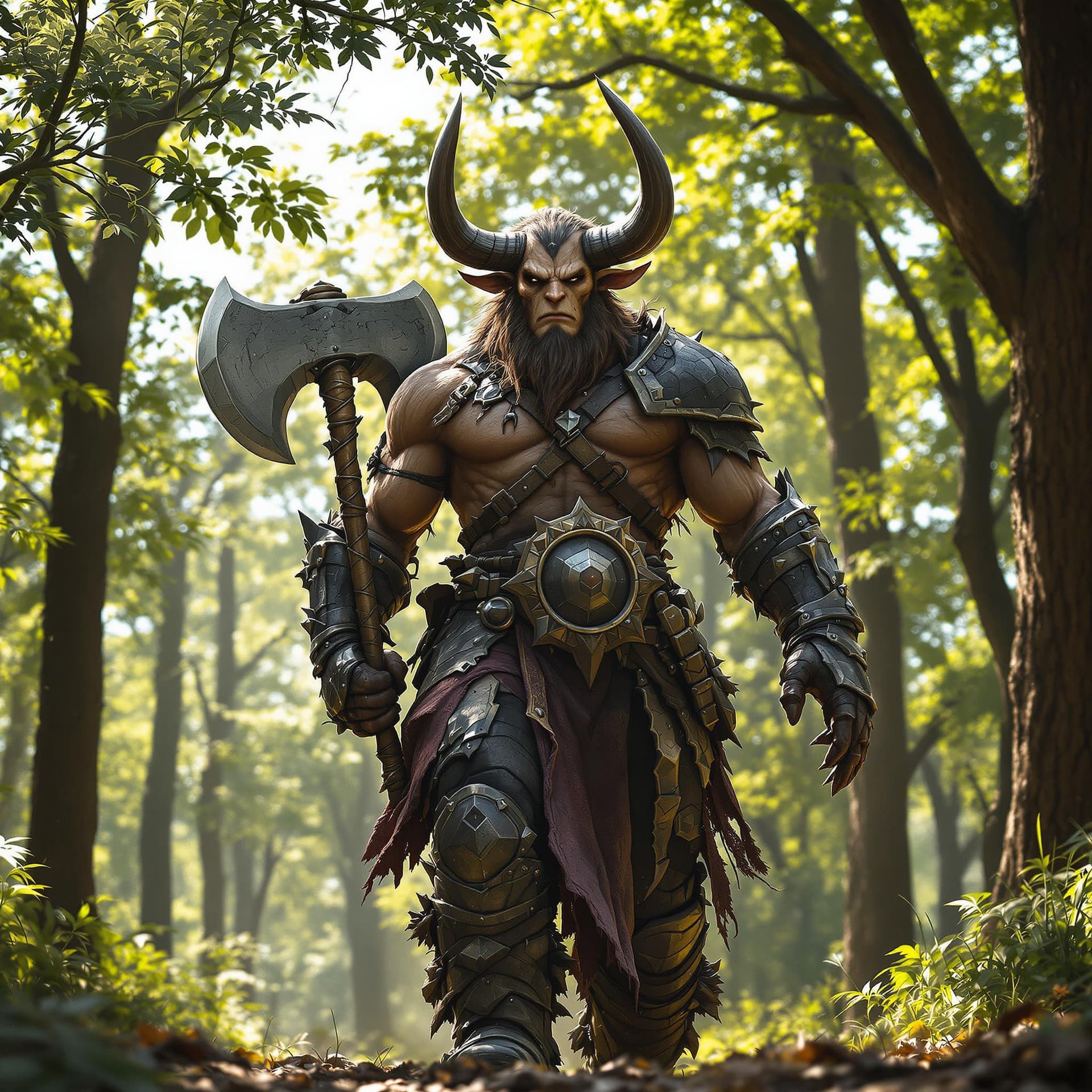 AI generated: A young minotaur warrior, with a face with humanoid features, dressed in battered black armor, walks...