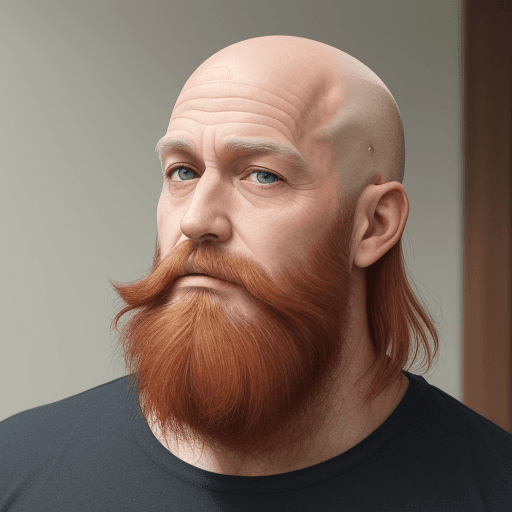 AI generated: A man in his 50s with russet hair and bald spots and an unkempt beard wearing simple clothes