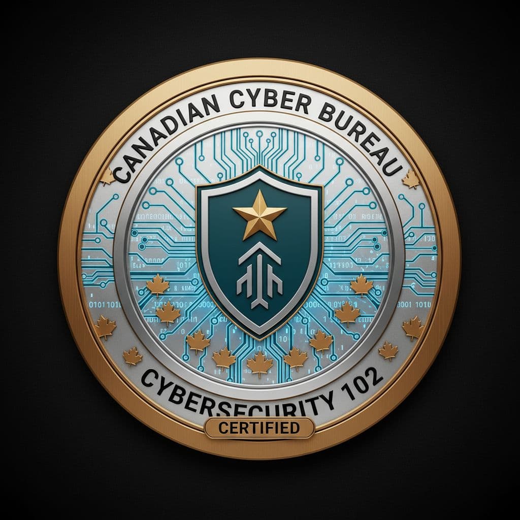 AI generated: Create a professional badge that signifies a qualification from a Canadian bureau, over cybersecurit...