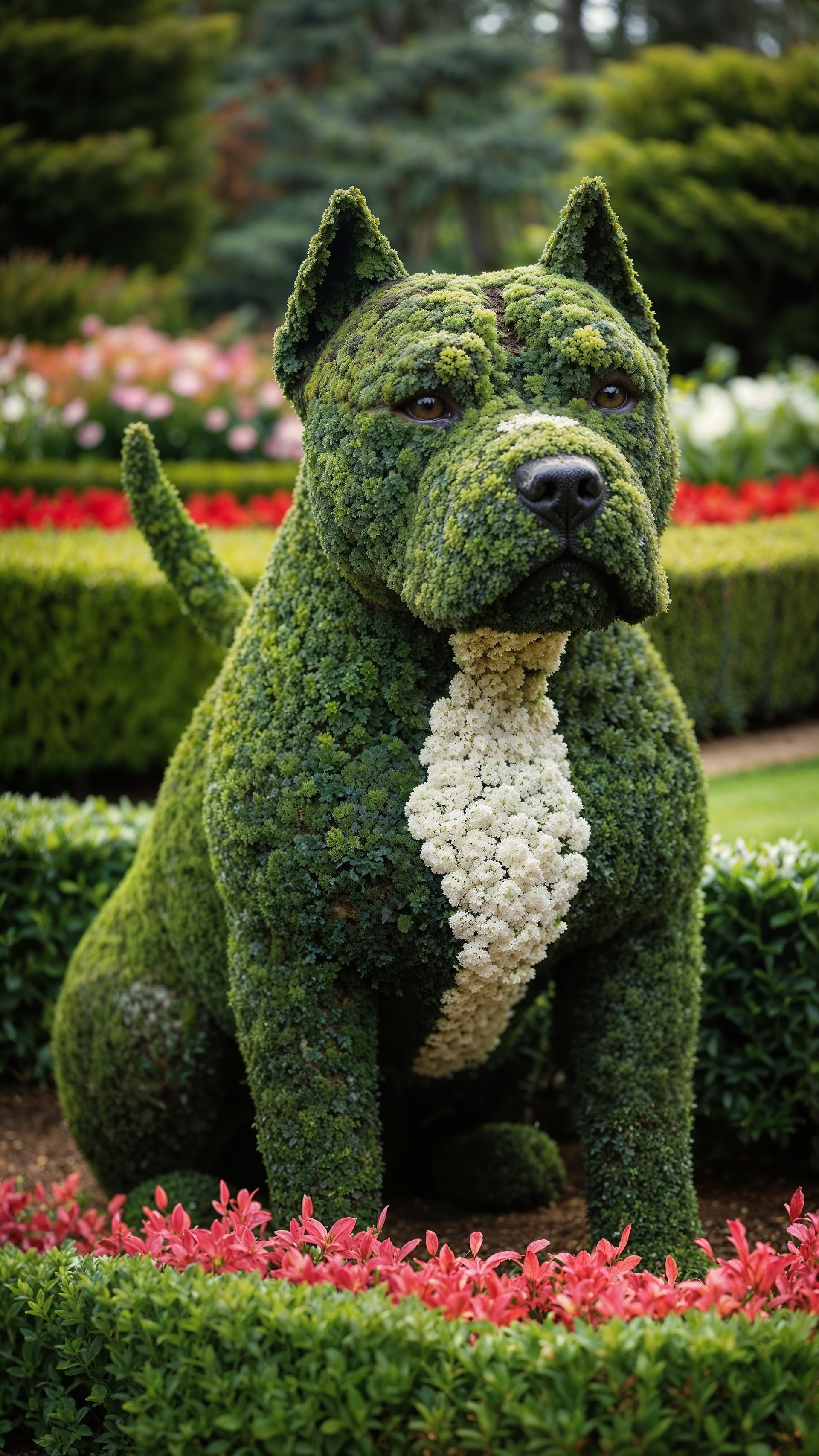 AI generated: A meticulously designed topiary sculpture of a pitbull dog, carefully crafted from evergreen shrubs....