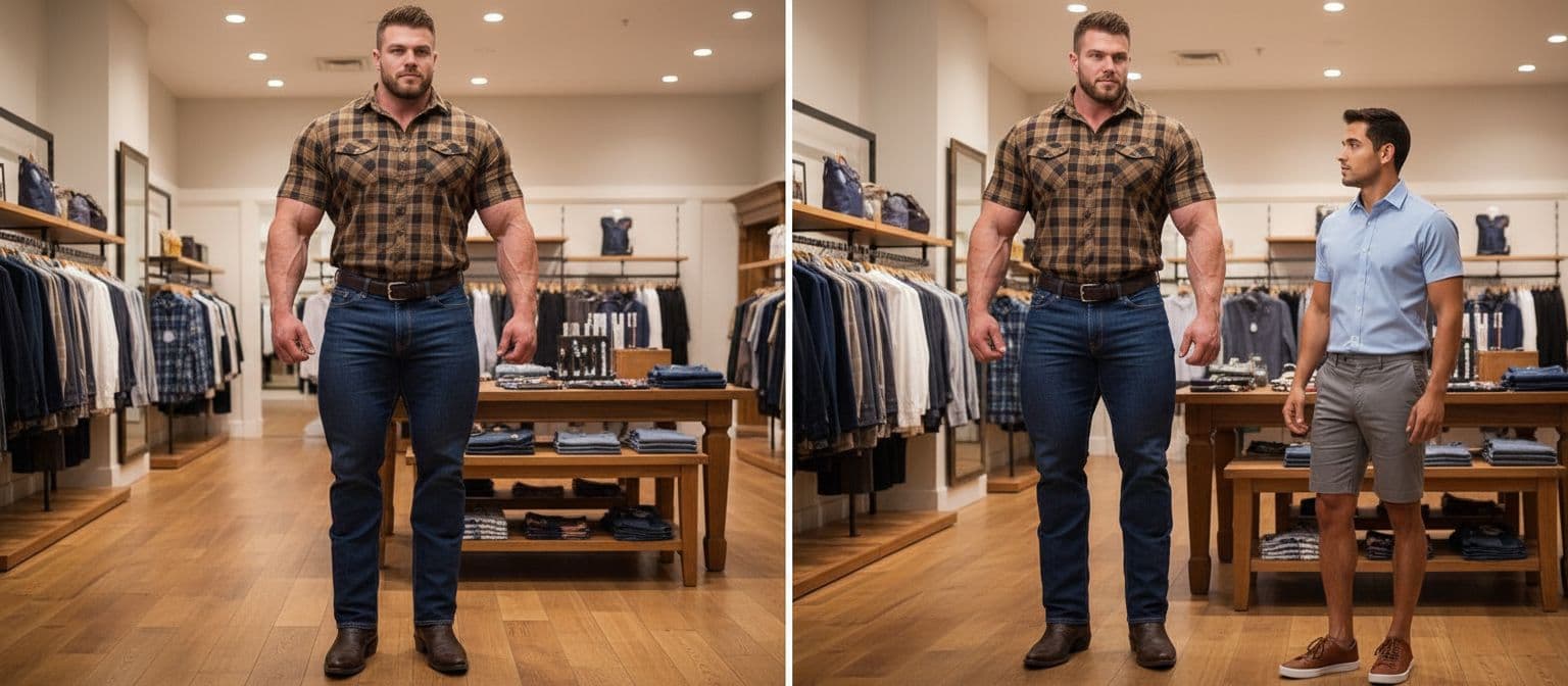 AI generated: Inside a clothing store. A bodybuilder is 6'4" tall, he has huge muscular shoulders, and huge muscul...