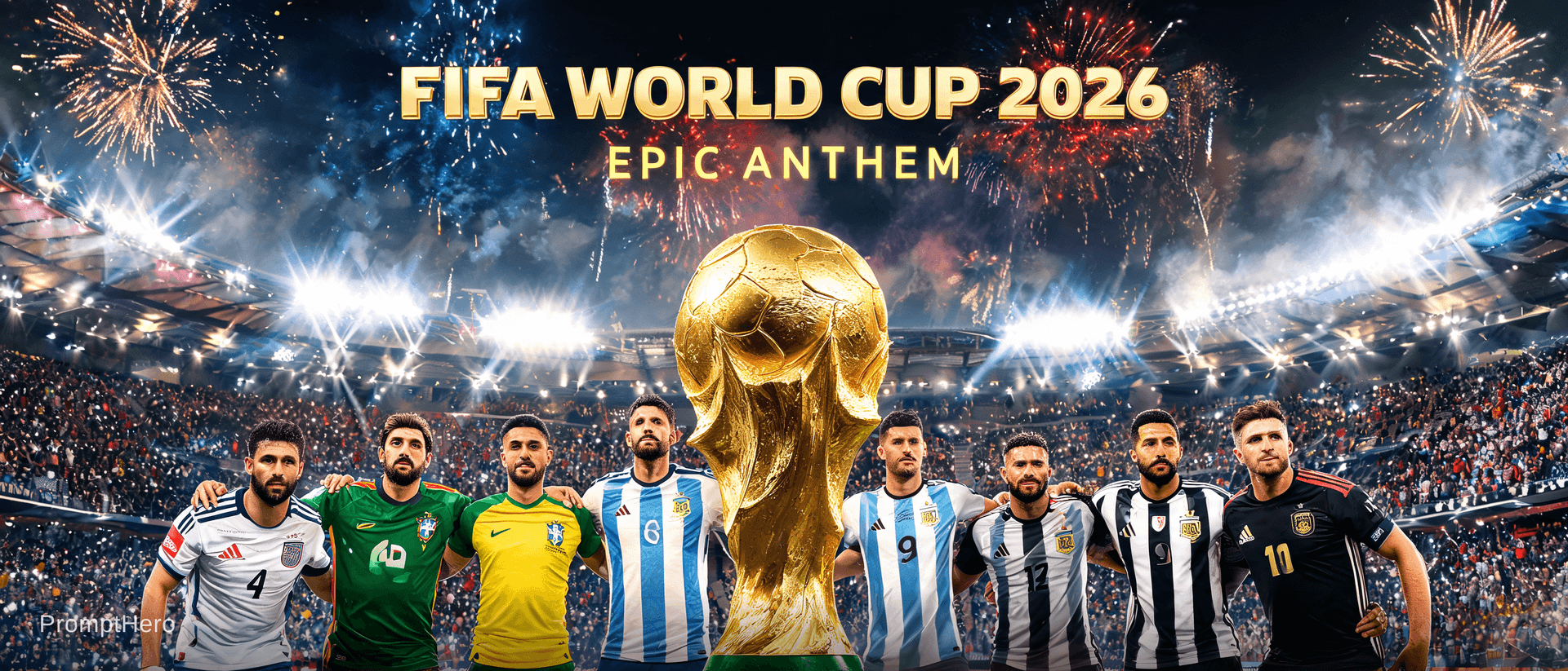 AI generated: Epic World Cup 2026 football anthem cover art, golden championship trophy in the foreground, elite f...