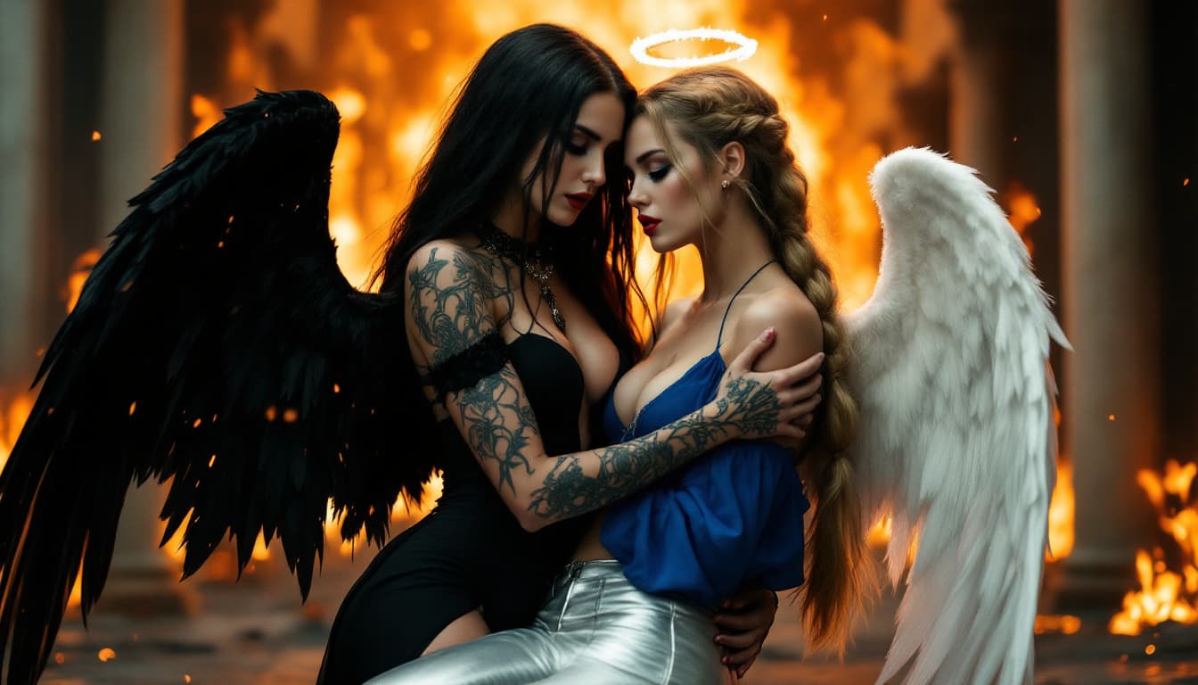 AI generated: a dramatic and intimate scene of two women embracing, set against a backdrop of a burning building w...