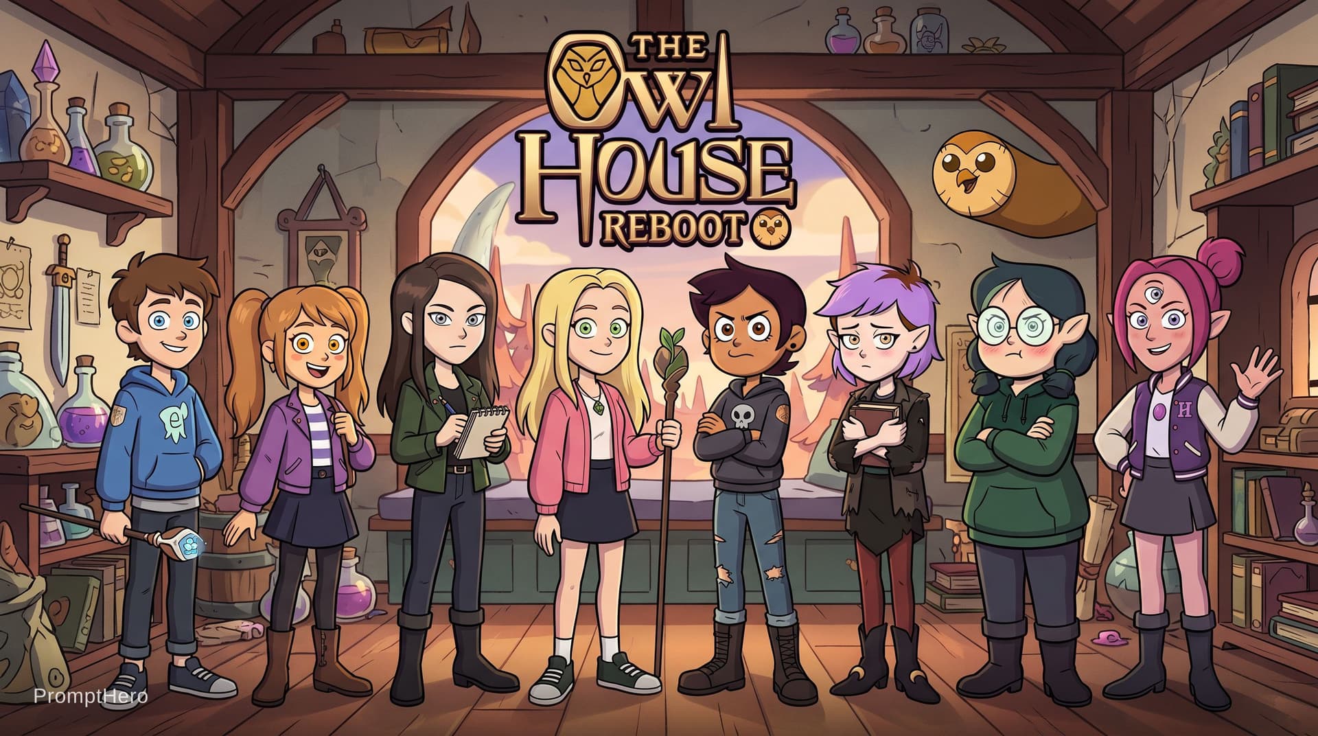 AI generated: The Owl House Reboot logo, a teenage boy Peter Pinkerton with a natural brown short hair, and a ligh...
