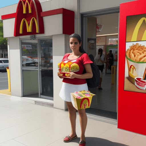 AI generated: a Brazilian woman full body, holding a box of McDonalds and KFC  outside McDonald shop