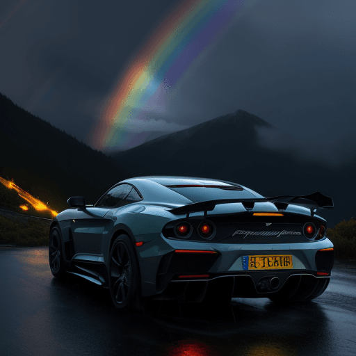 AI generated: sport car, in mountain, with rainbow background, raining in the middle of the night,
8k image