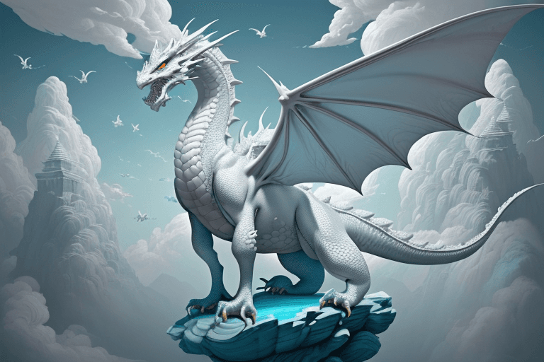 AI generated: white clouded dragon wallpaper the fantasy, in the style of fang lijun, gray and cyan, filip hodas, ...