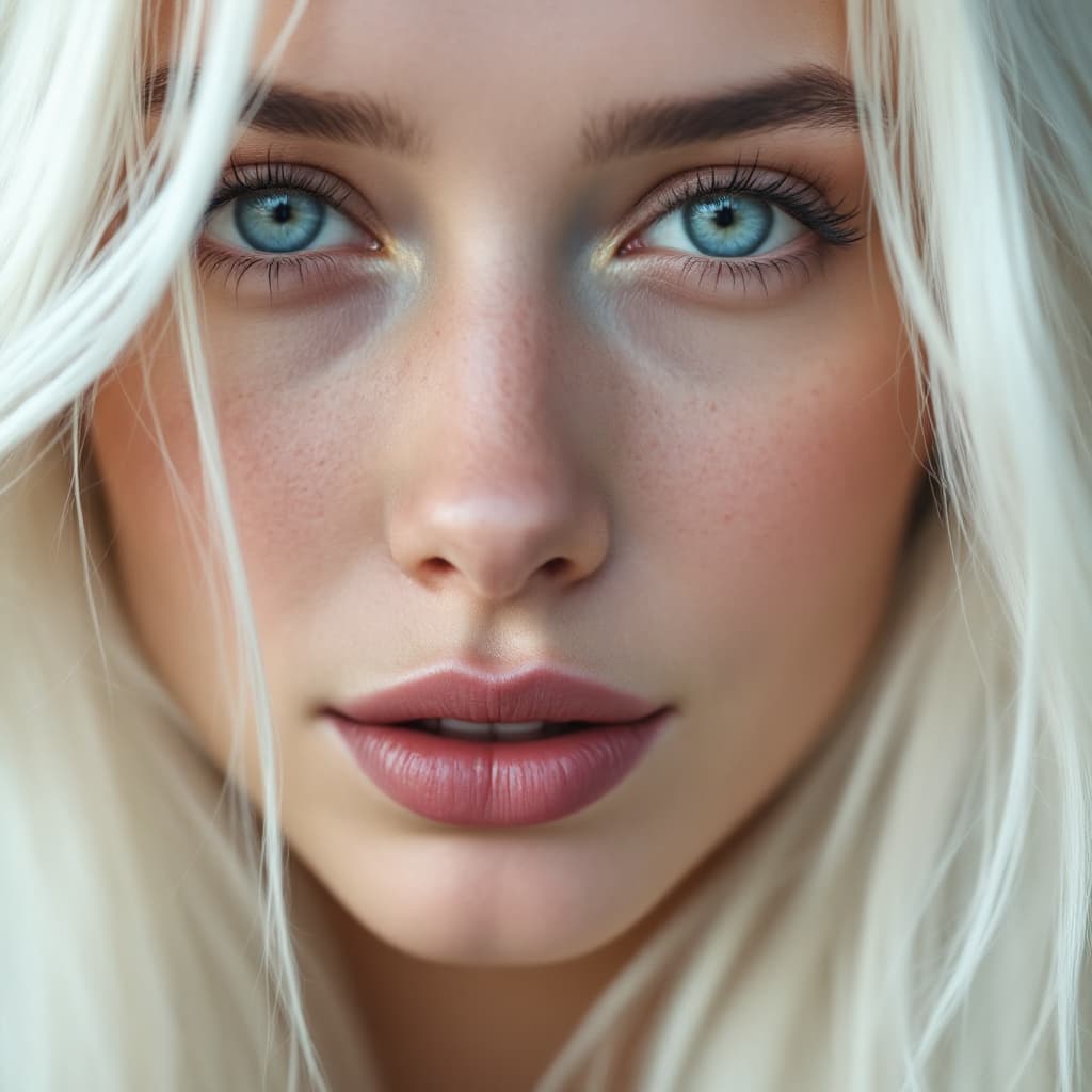 AI generated: extremely close up portrait, 18 years old France girl, long white hair, black lips, smiling face, le...