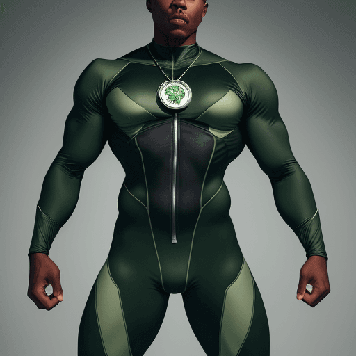 AI generated: a BLack man in Green/grey spandex Meteor Man costume, grey spandex body suit, long sleeves. padded m...