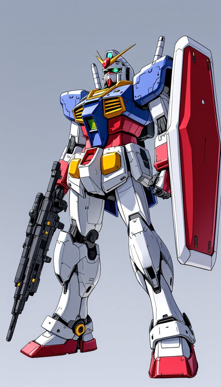 AI generated: illustration of RX-78-2 Gundam, with shield and weapon, in the style of Kunio Okawara, anime, Mobile...