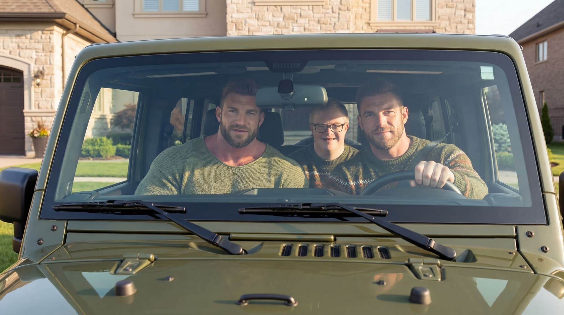 AI generated: Inside a Olive green Jeep. At a nice neighborhood.  The Bodybuilder is seated on the driver's seat. ...