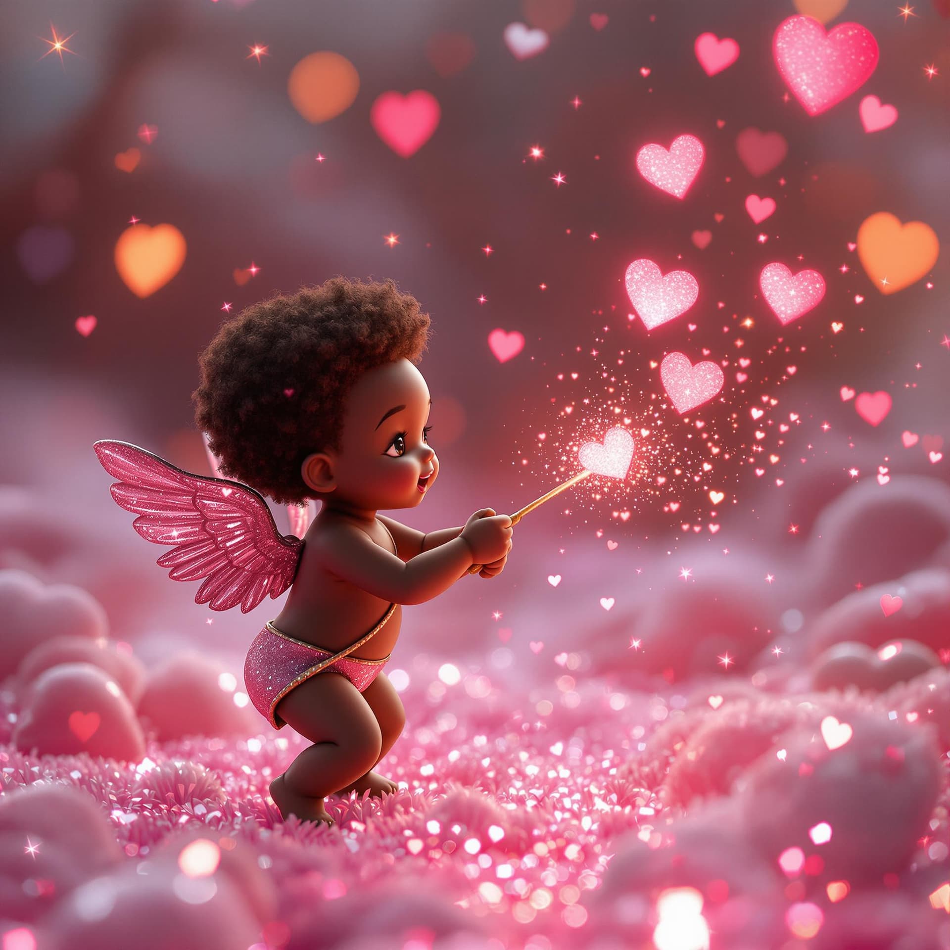 AI generated: A romantic Valentine's Day scene set in a dreamy, ethereal world. The environment sparkles with irid...