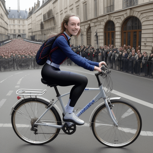 AI generated: Élisabeth Borne  tres vielle, nommé a l'academie francaise en habit de parade en equilibre sur un ve...