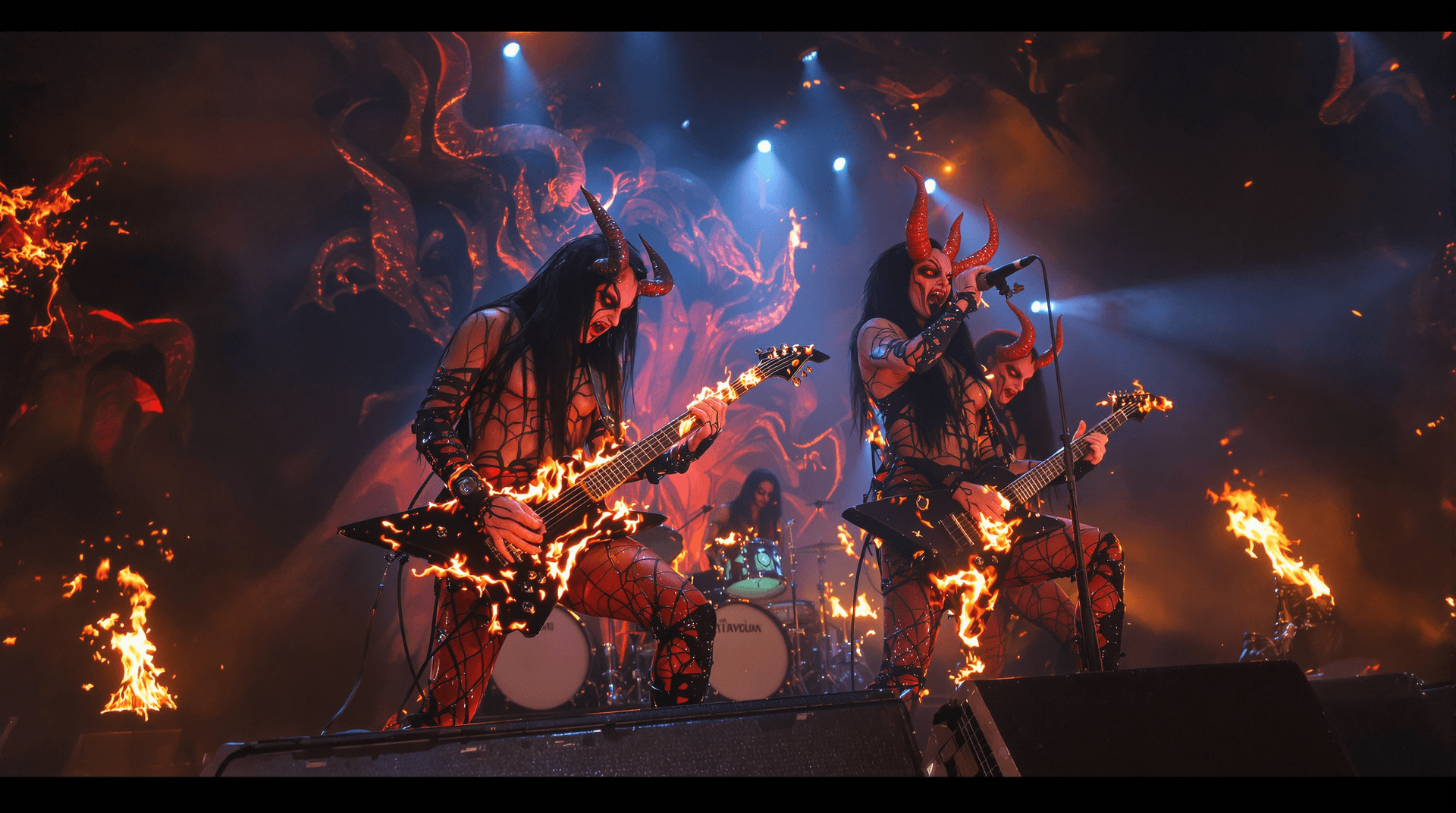 AI generated: A wide-angle concert scene, reminiscent of Beksiński's dark mysticism and Giger's biomechanical nigh...