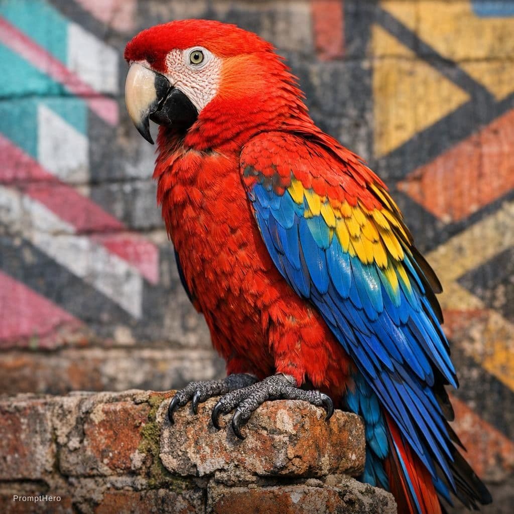 AI generated: A magnificent scarlet macaw perched on weathered brick wall adorned with vibrant graffiti murals, ca...
