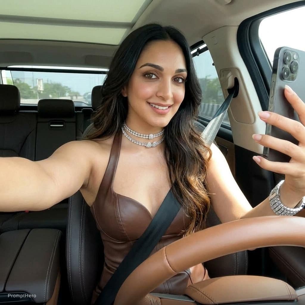 AI generated: this woman, but inside the car in the driver's seat, recording herself in selfie mode