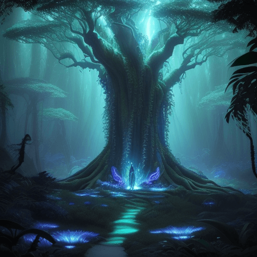 AI generated: (Movie:Avatar), landscape of the Bioluminescent Forest of Pandora, Pandora's flora and fauna emit a ...