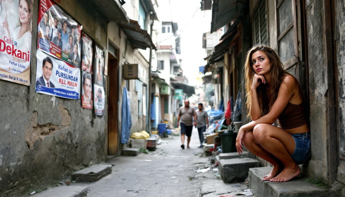 AI generated: A narrow, urban alleyway in a poor neighborhood, with weathered walls and posters for local politica...
