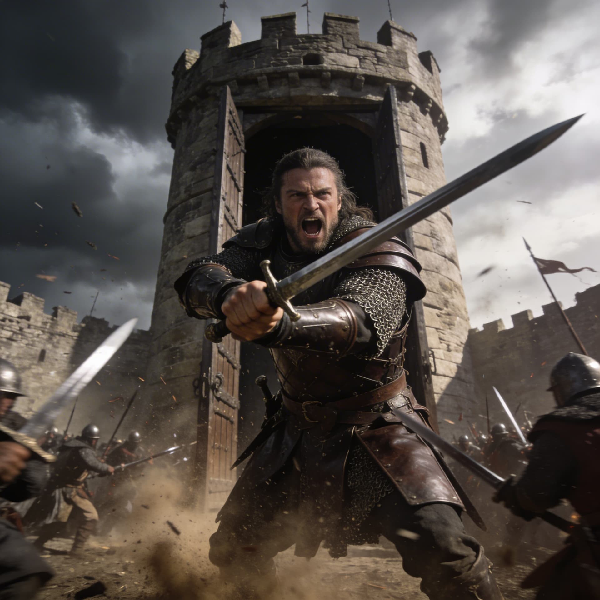 AI generated: A medieval warrior in dark leather armor and chainmail stands inside a stone castle tower. Stormy cl...