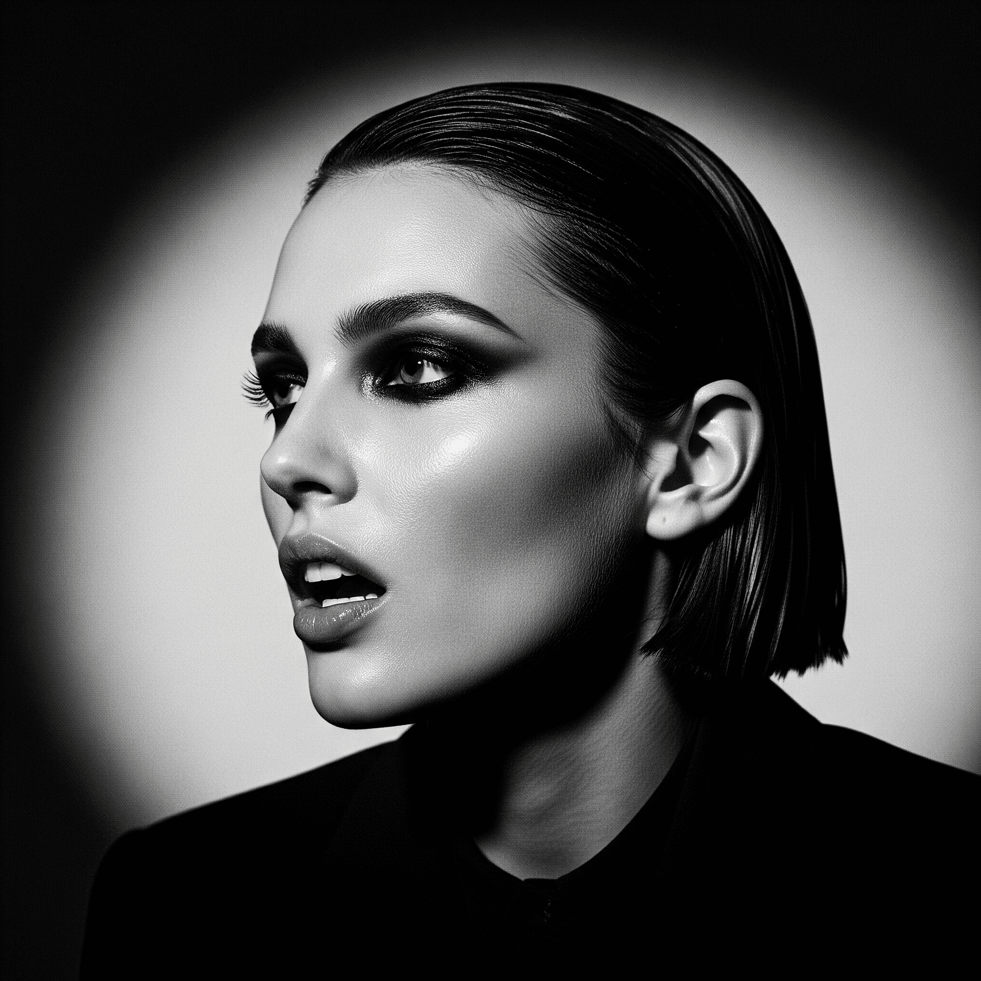 AI generated: A seductive, gritty black and white photograph, head and shoulders shot. The subject is a glamorous ...