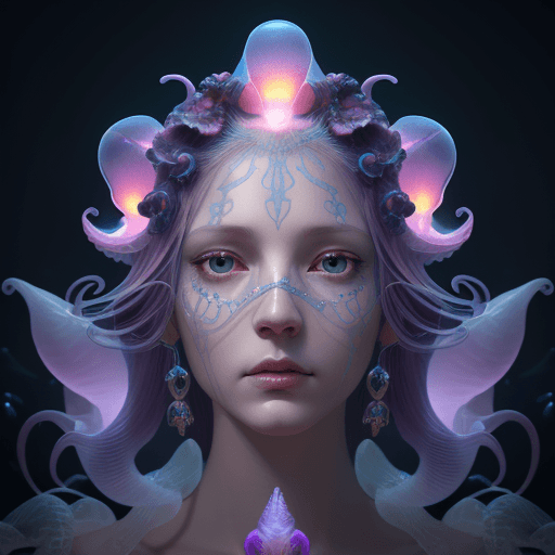 AI generated: Goddess close-up portrait ribcagel. jellyfish phoenix head, nautilus, orchid, skull, betta fish, bio...