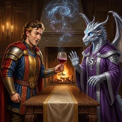 AI generated video: at a medieval party, a handsome and smug knight offering a glass of wine to a silver dragonborn sorc...