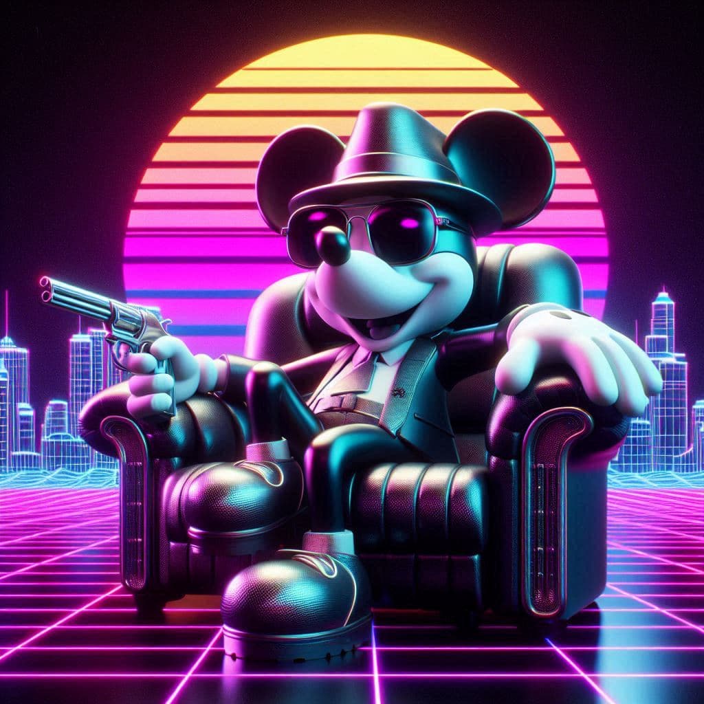 AI generated: 3d render a calidad nitida, mickey mouse esta sentado en un sofa repanchingado, tiene un estilo gang...
