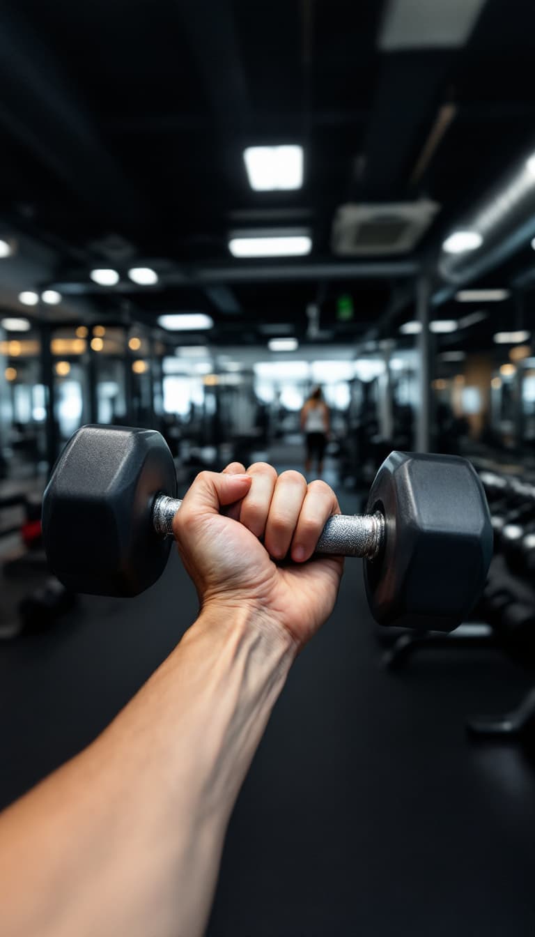 AI generated: POV, I am working out in a gym, holding a dumbbell naturally in my hand. Only my hands are visible i...