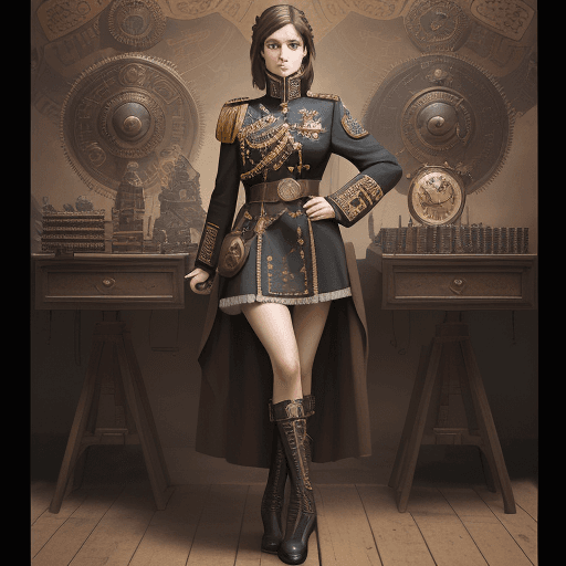 AI generated: full body, Portrait of a girl in officer's ceremonial tunic, loose brown hair, dieselpunk, aristocra...