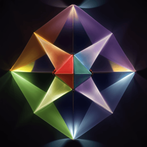 AI generated: light magic manifested through 5 flying prisms: blue, red, yellow, green and purple