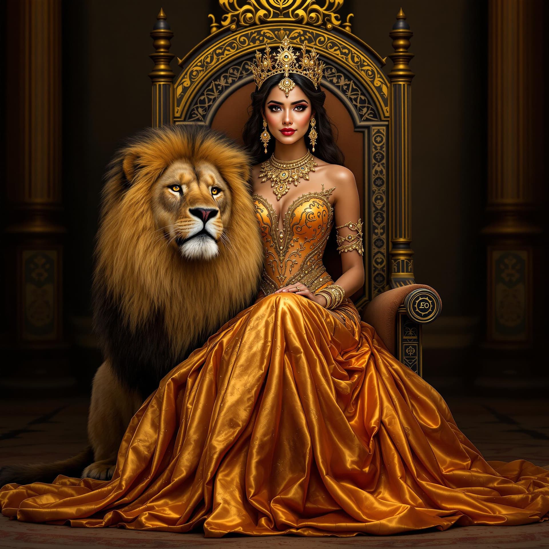 AI generated: full length portrait of an Indian woman in a royal fur golden-orange gown representing Leo zodiac si...
