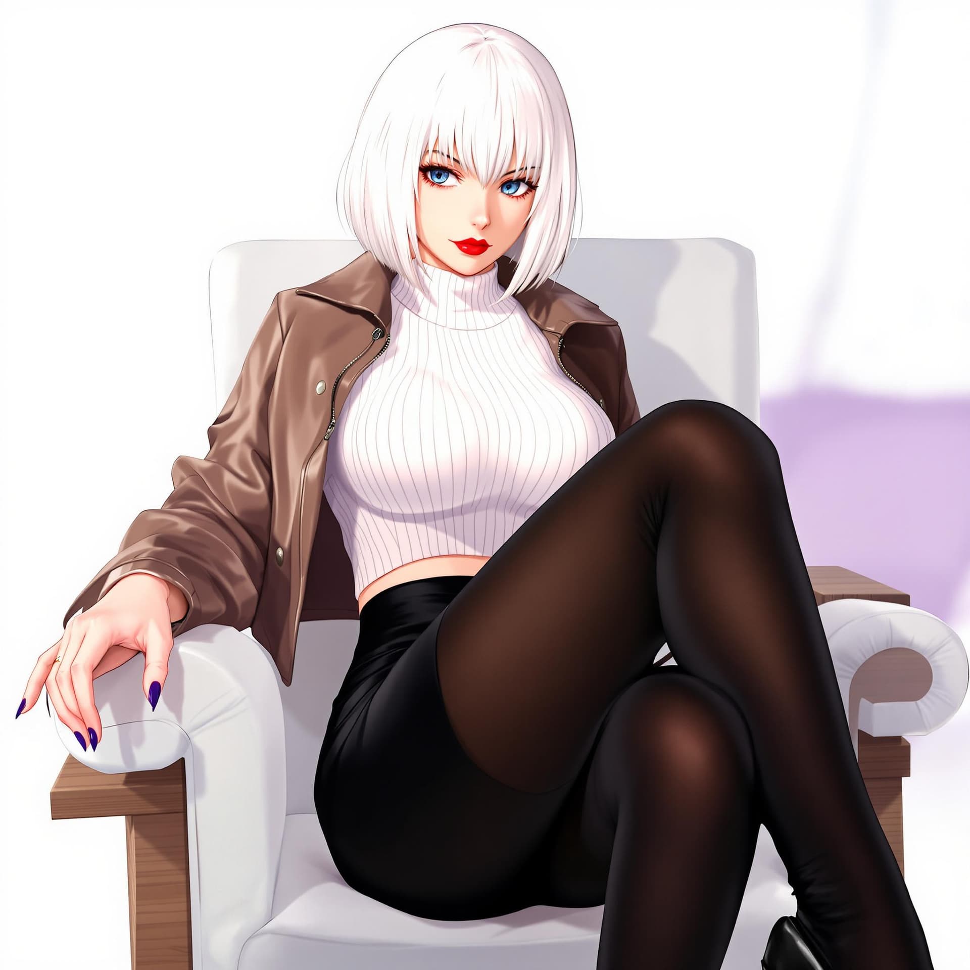 AI generated: anime, woman, white hair, bob cut, blue eyes, freckles, red lips, white sweater, tight sweater, shor...